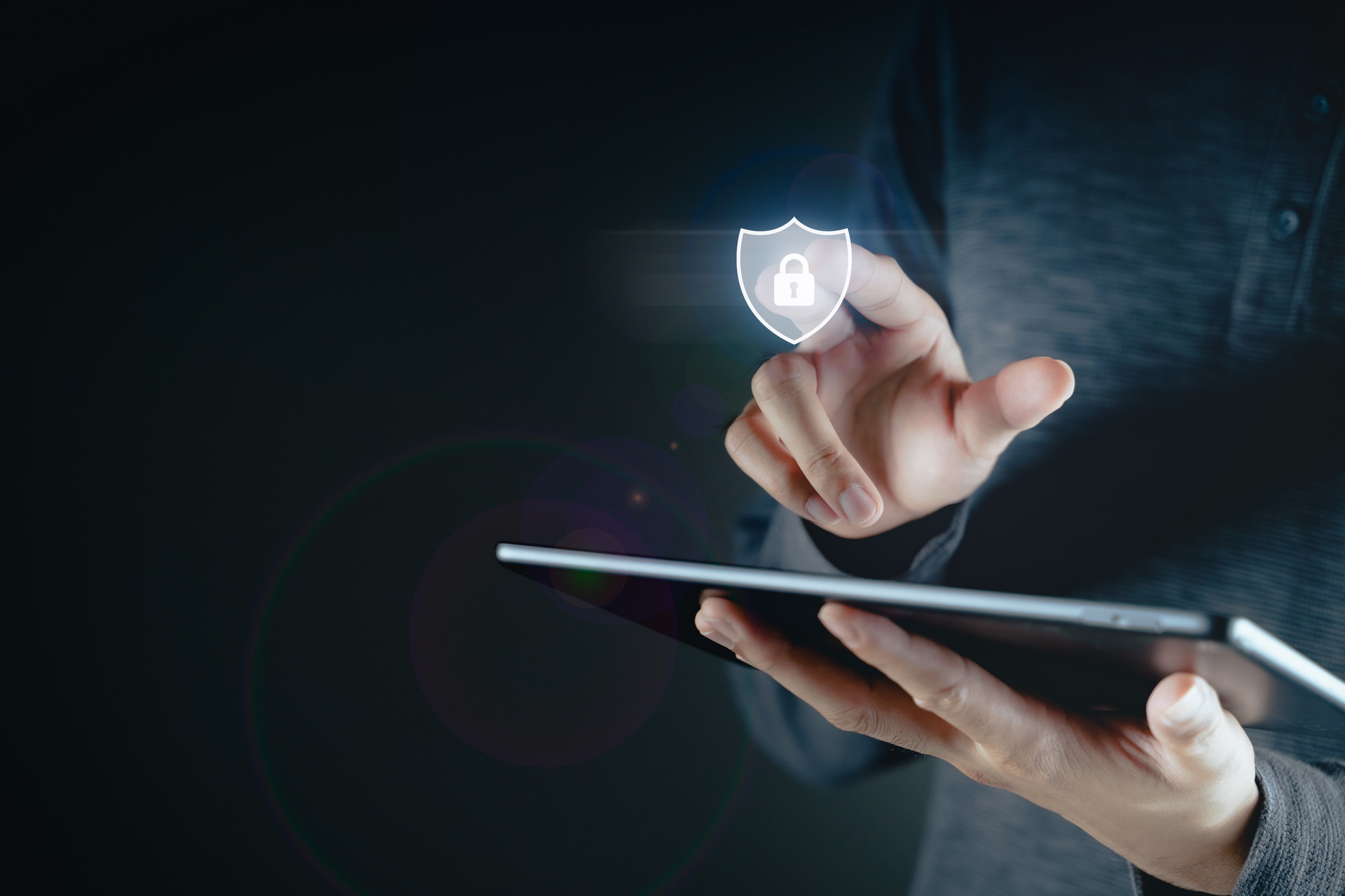 Young man hand touching on virtual Screen Padlock Icon. data protection, information privacy, Cybersecurity, Unlock, internet networking technology concept.